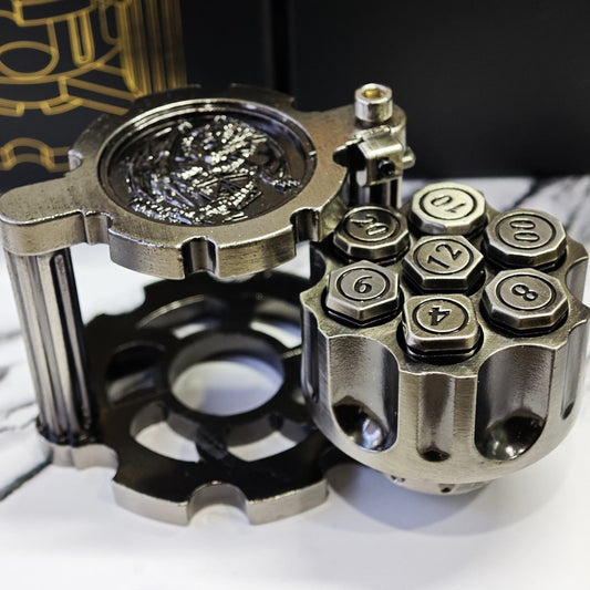 Gunslinger's Gambit: Silver Edition - Spinning Revolver Chamber with Bullet Shaped Metal TTRPG Dice Set